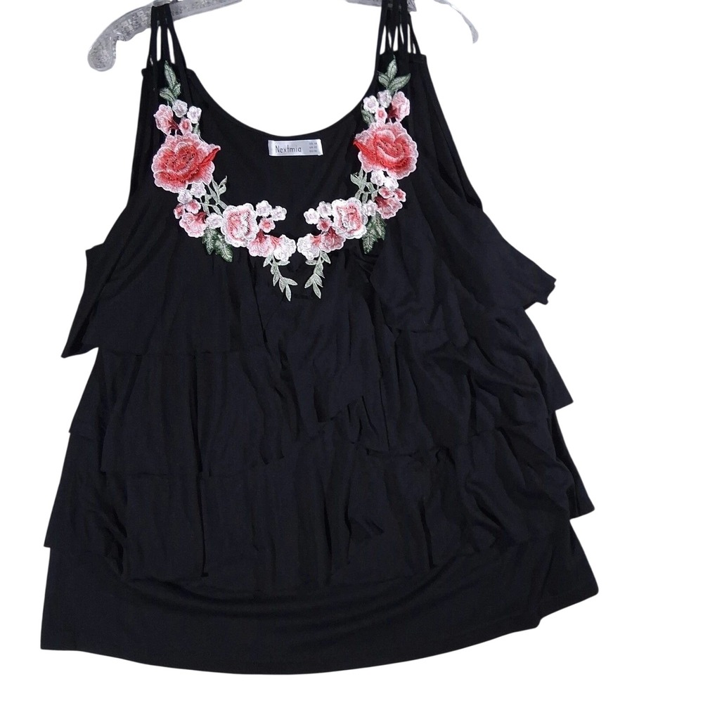 Black Floral Rose Embroidered Tiered Ruffle Cold Shoulder Flowy Top Womens 18